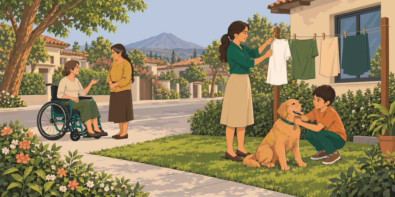 Una familia en el jardín de su vivienda: una mujer tiende ropa, un niño acaricia a un perro y, en el camino, una persona en silla de ruedas conversa con otra mujer, con el volcán al fondo.