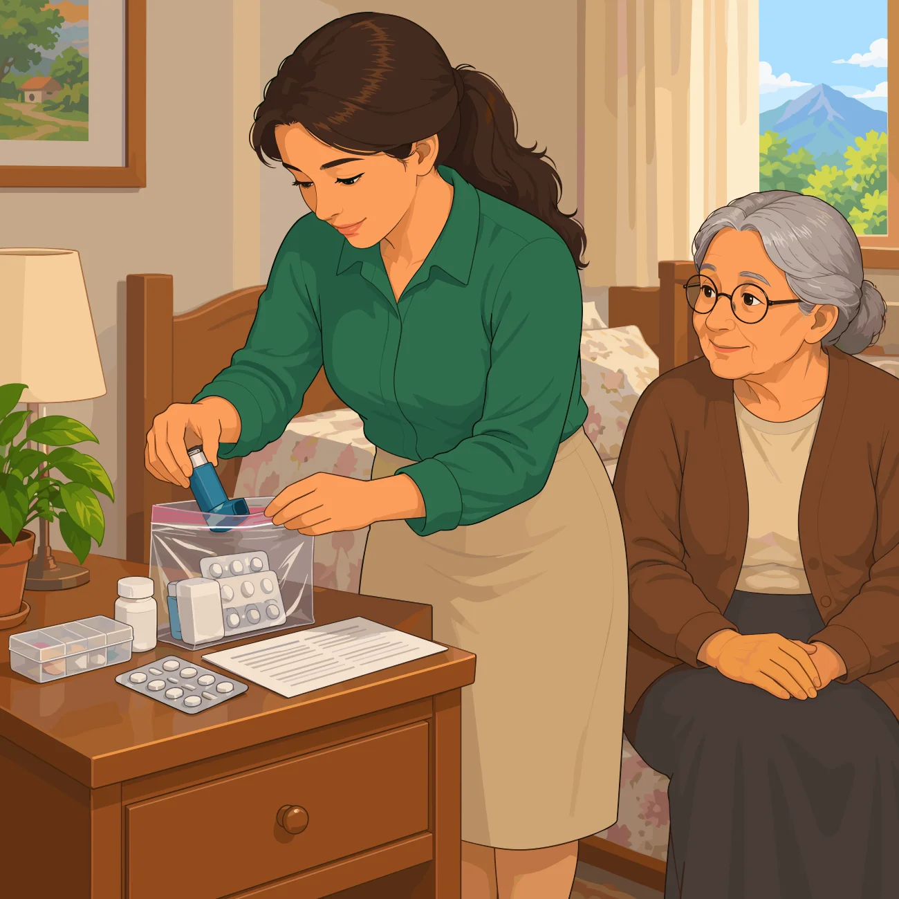 Mujer preparando medicación junto a una señora mayor