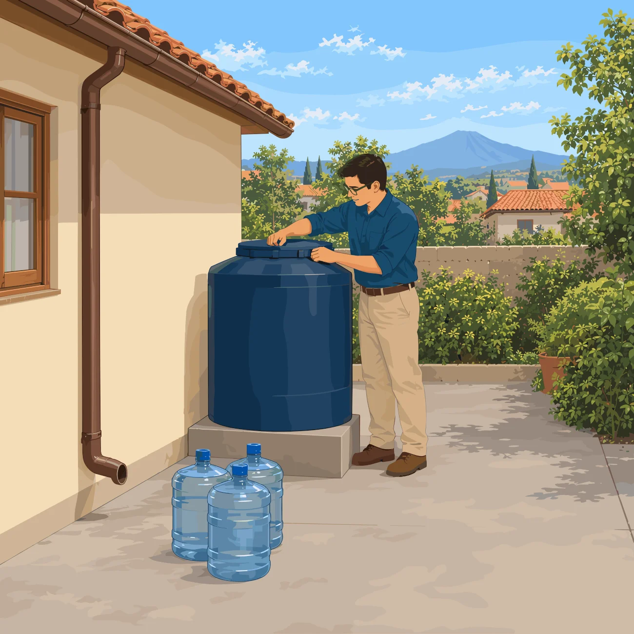 Hombre junto a un tanque de agua y bidones en un patio