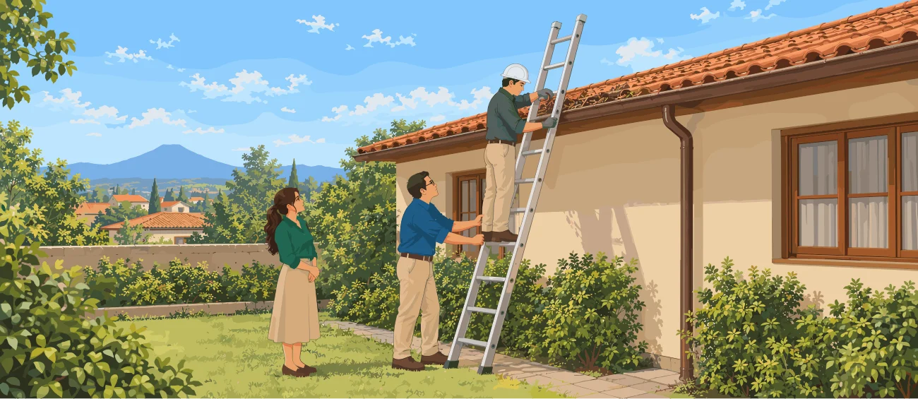 Hombre con casco inspeccionando el techo de una casa desde una escalera mientras dos personas observan