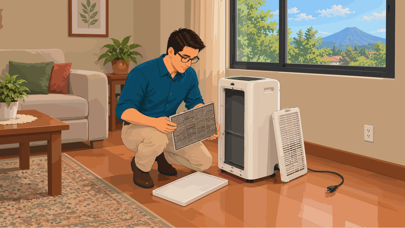Hombre arrodillado revisando el filtro de un purificador de aire en una sala