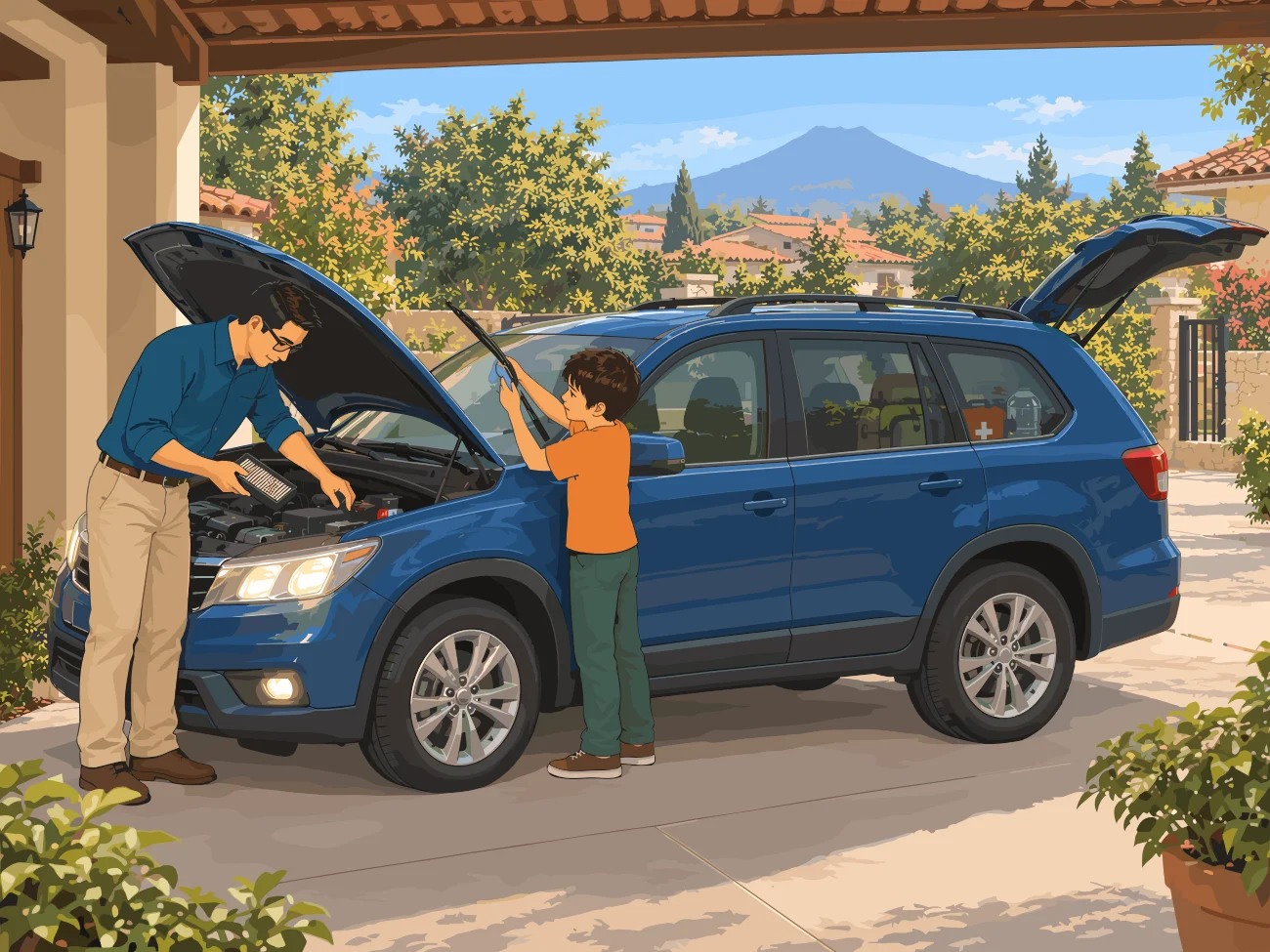 Hombre y niño revisando un auto azul con el capó abierto en un patio