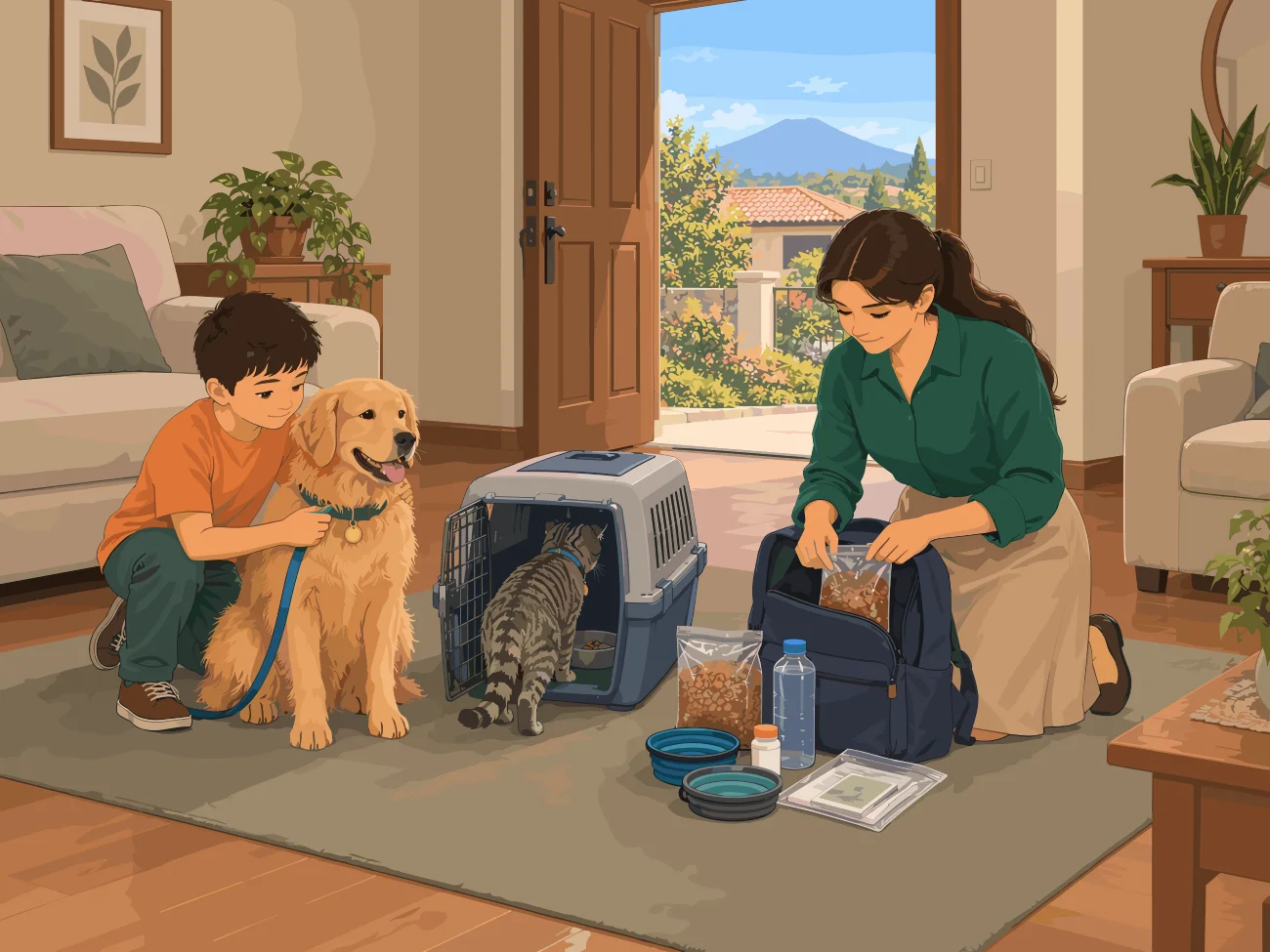 Niño con un perro y mujer preparando una mochila junto a una transportadora con un gato