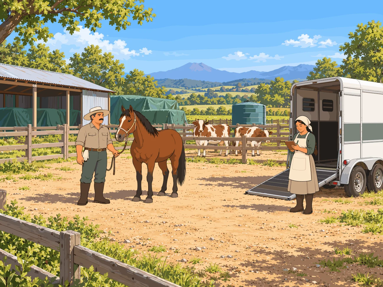 Hombre junto a un caballo y mujer junto a un remolque en una granja con ganado