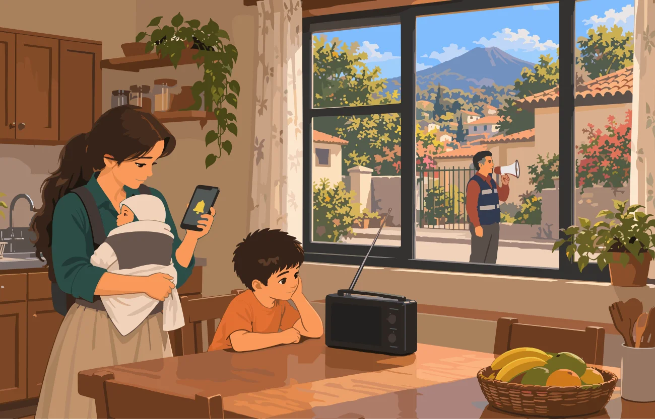 Mujer con un bebé mirando el teléfono junto a un niño frente a una radio en la mesa