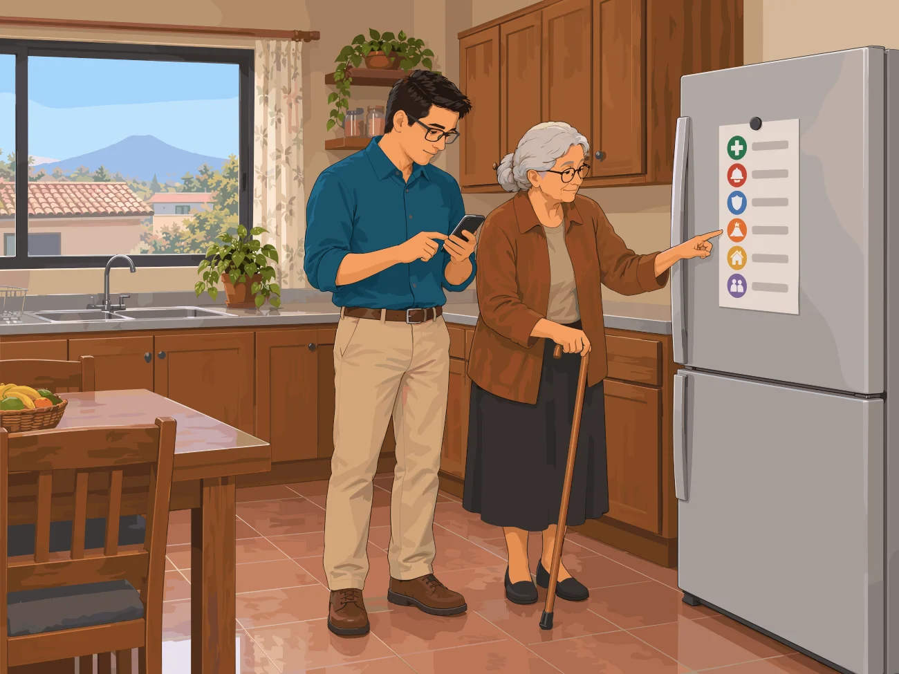 Hombre y señora mayor junto a la heladera revisando una lista de contactos
