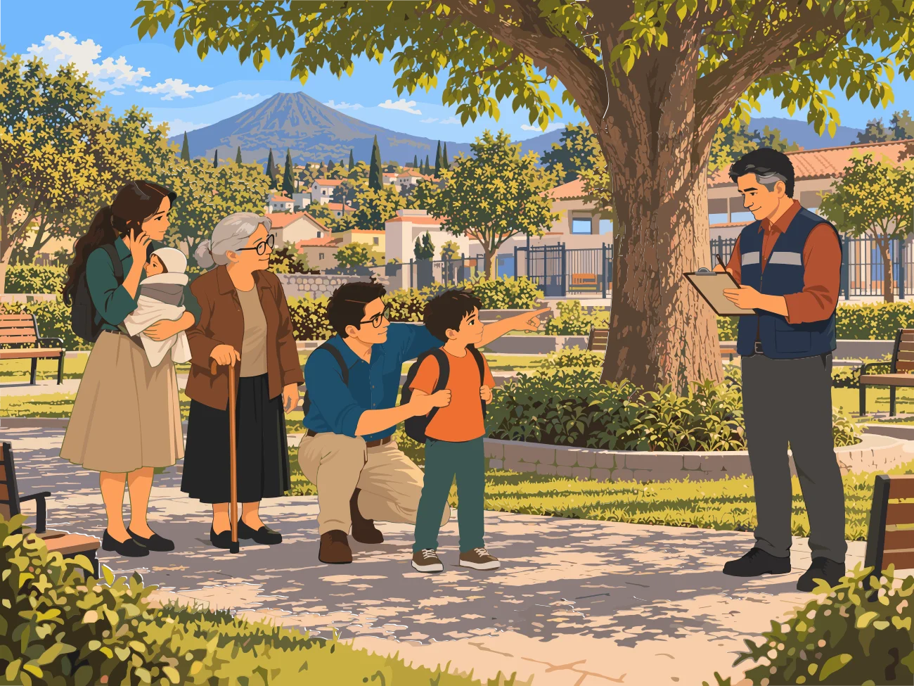 Familia reunida bajo un árbol con un trabajador comunitario