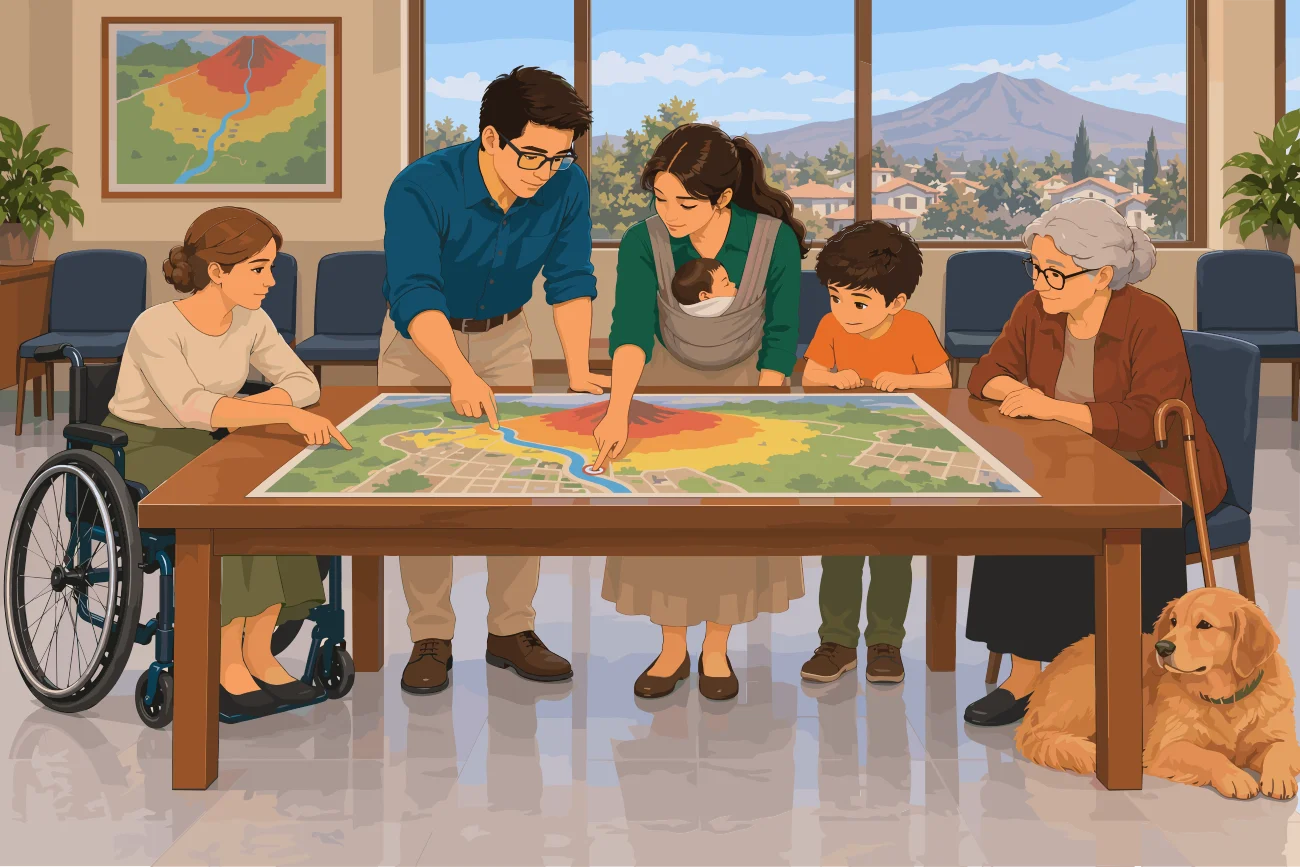 Familia y vecinas alrededor de una mesa observando un mapa de amenaza volcánica, con el volcán visible por la ventana