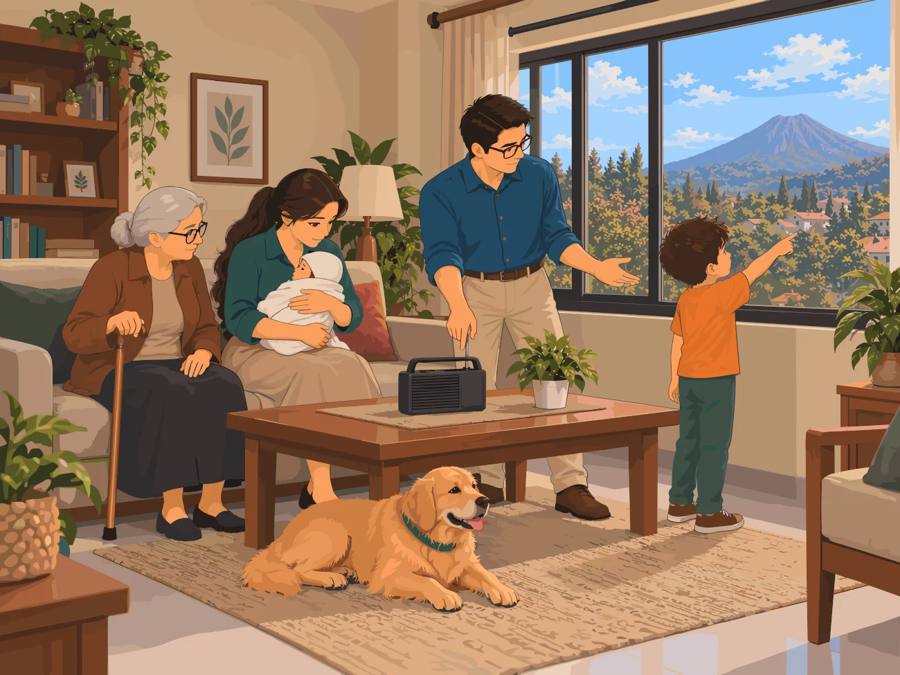 Familia en la sala señalando por la ventana hacia el volcán