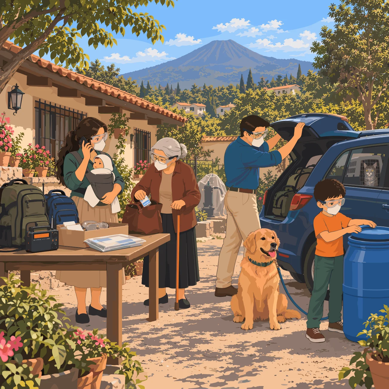 Familia cargando el auto en el patio con suministros y perro