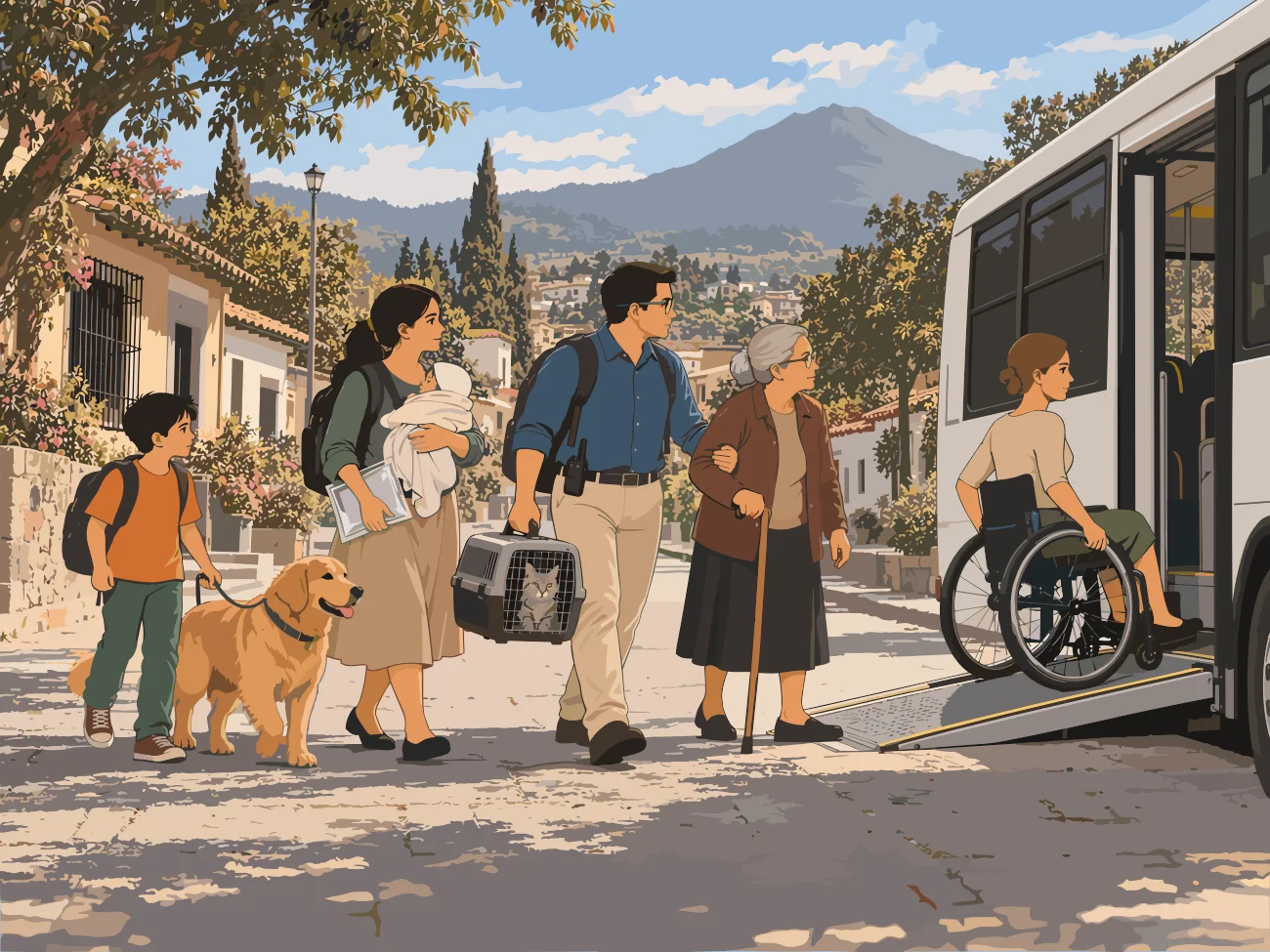 Familia con mascotas subiendo a un autobús con rampa para silla de ruedas