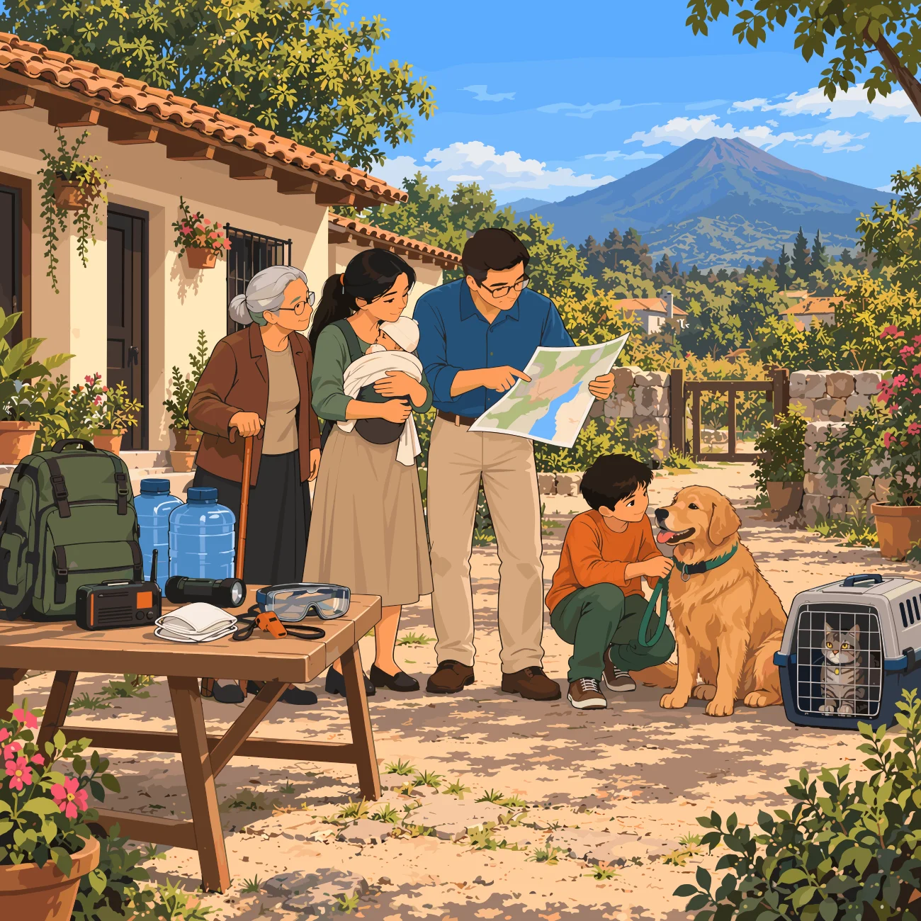 Familia con mapa y suministros en la mesa del patio junto a su perro y una transportadora