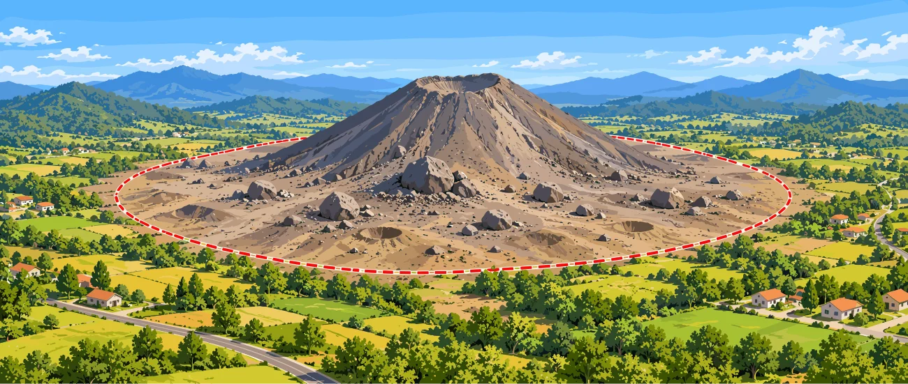 Volcán rodeado por un anillo rojo de exclusión, con bloques de roca expulsados a su alrededor