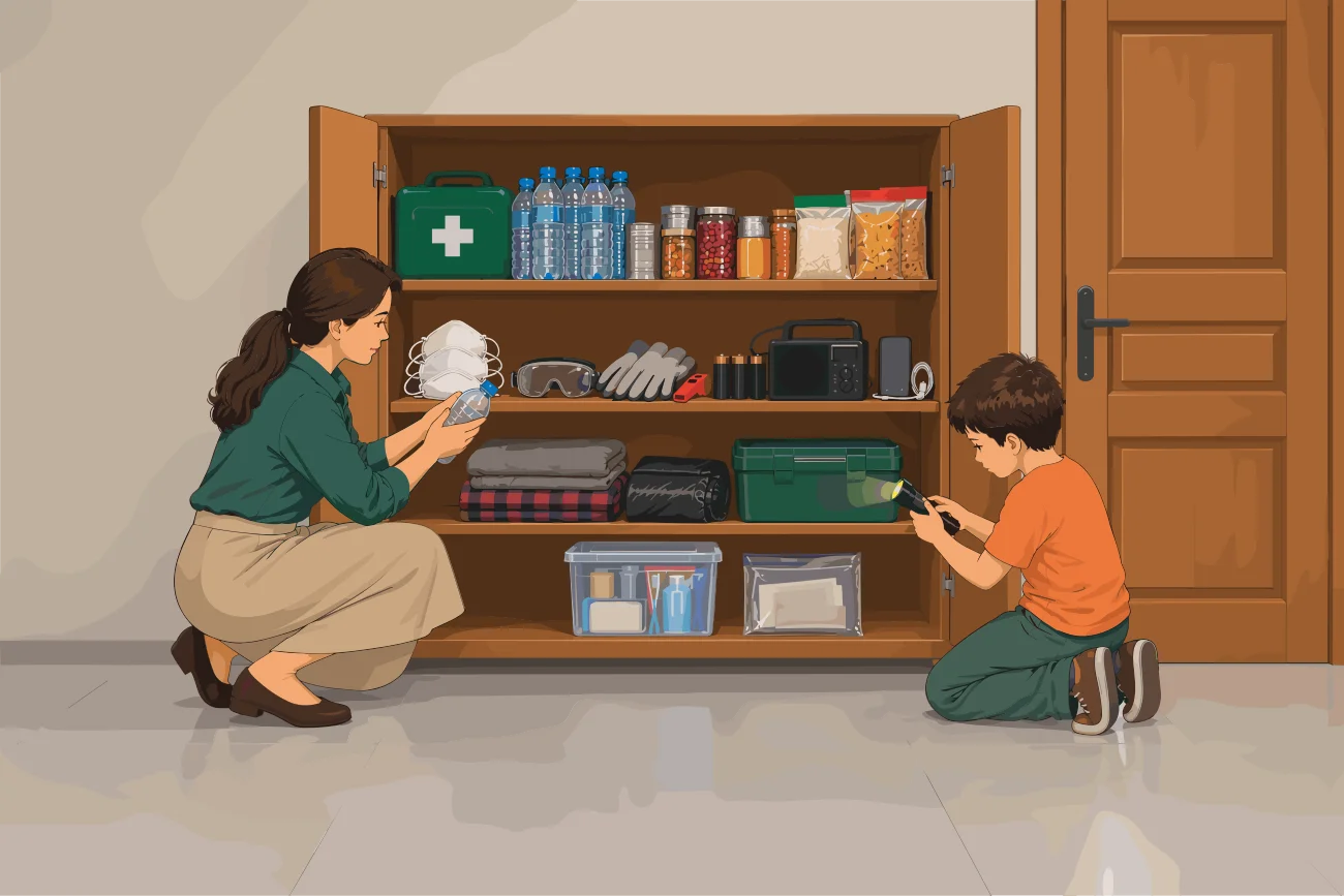 Mujer y niño revisando un armario con suministros de emergencia
