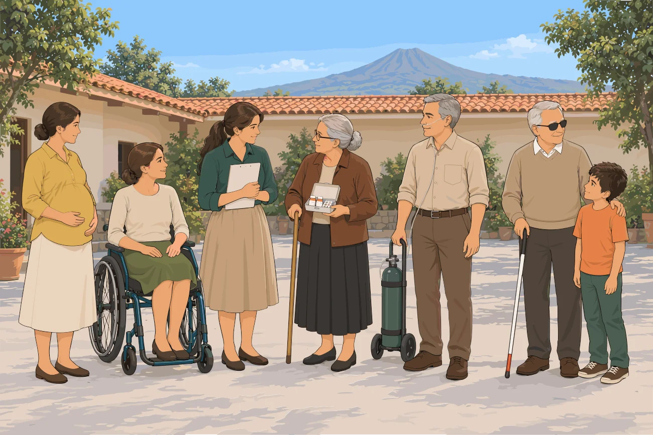 Grupo de personas vulnerables de pie en un patio