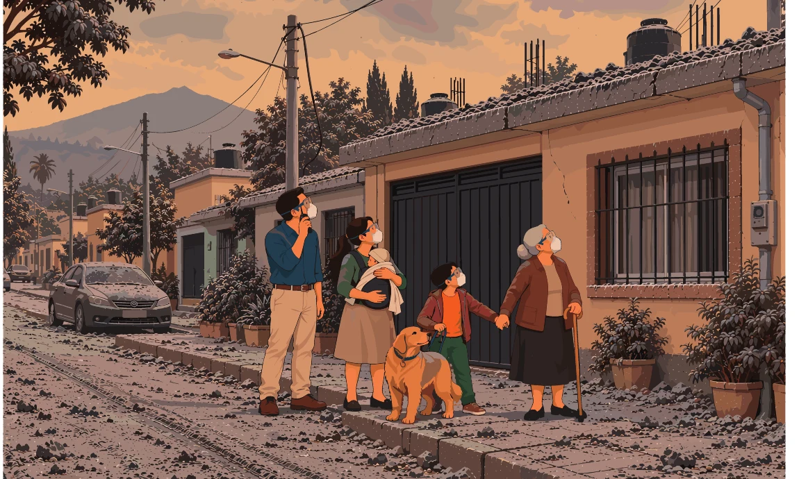 Una familia diversa —padres con un bebé, un niño, una persona mayor con bastón y un perro— con mascarillas observa su calle cubierta de ceniza frente a su vivienda, con el volcán al fondo.