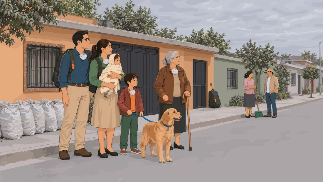 Familia con mayor, niños y perro en la calle junto a bolsas de ceniza, con vecinos conversando al fondo.