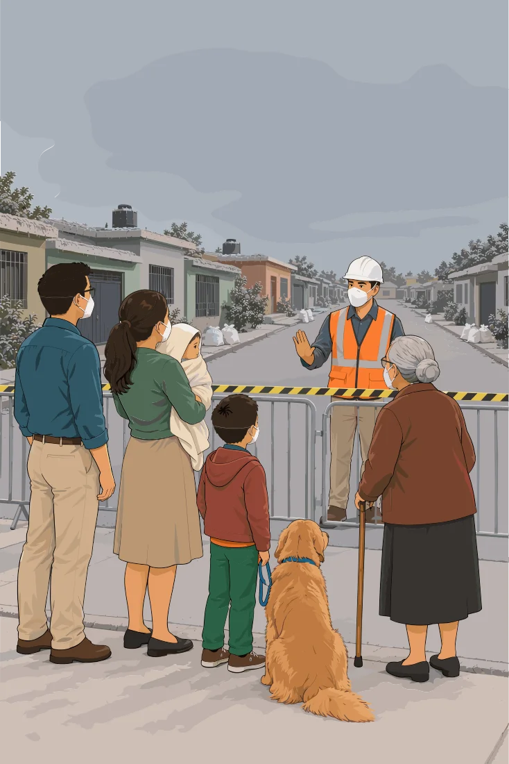 Familia con mayor, niños y perro con mascarillas frente a un cordón con cinta de peligro, escuchando a un trabajador con casco y chaleco.