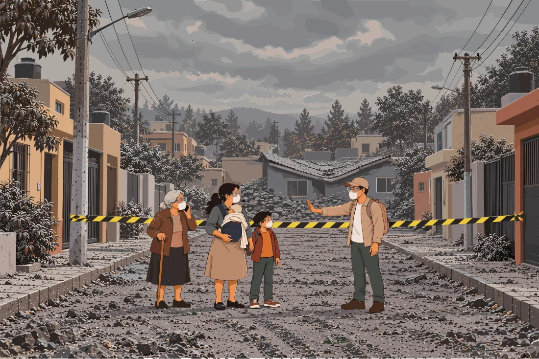 Calle acordonada con cinta de peligro frente a viviendas con techos colapsados por acumulación de ceniza, mientras una familia permanece detrás de la cinta.