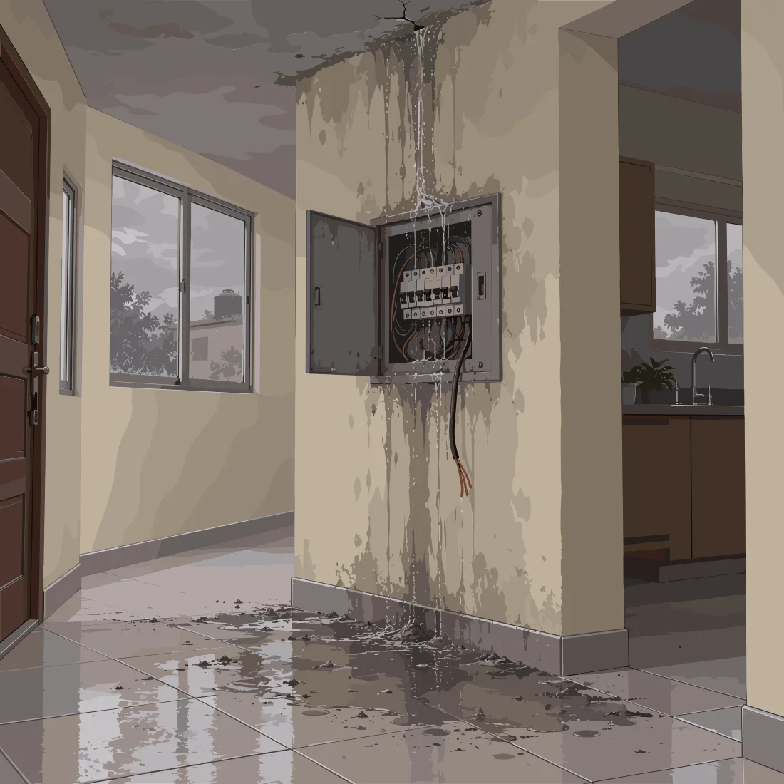 Interior de vivienda con un tablero eléctrico dañado en contacto con humedad y agua en el piso.