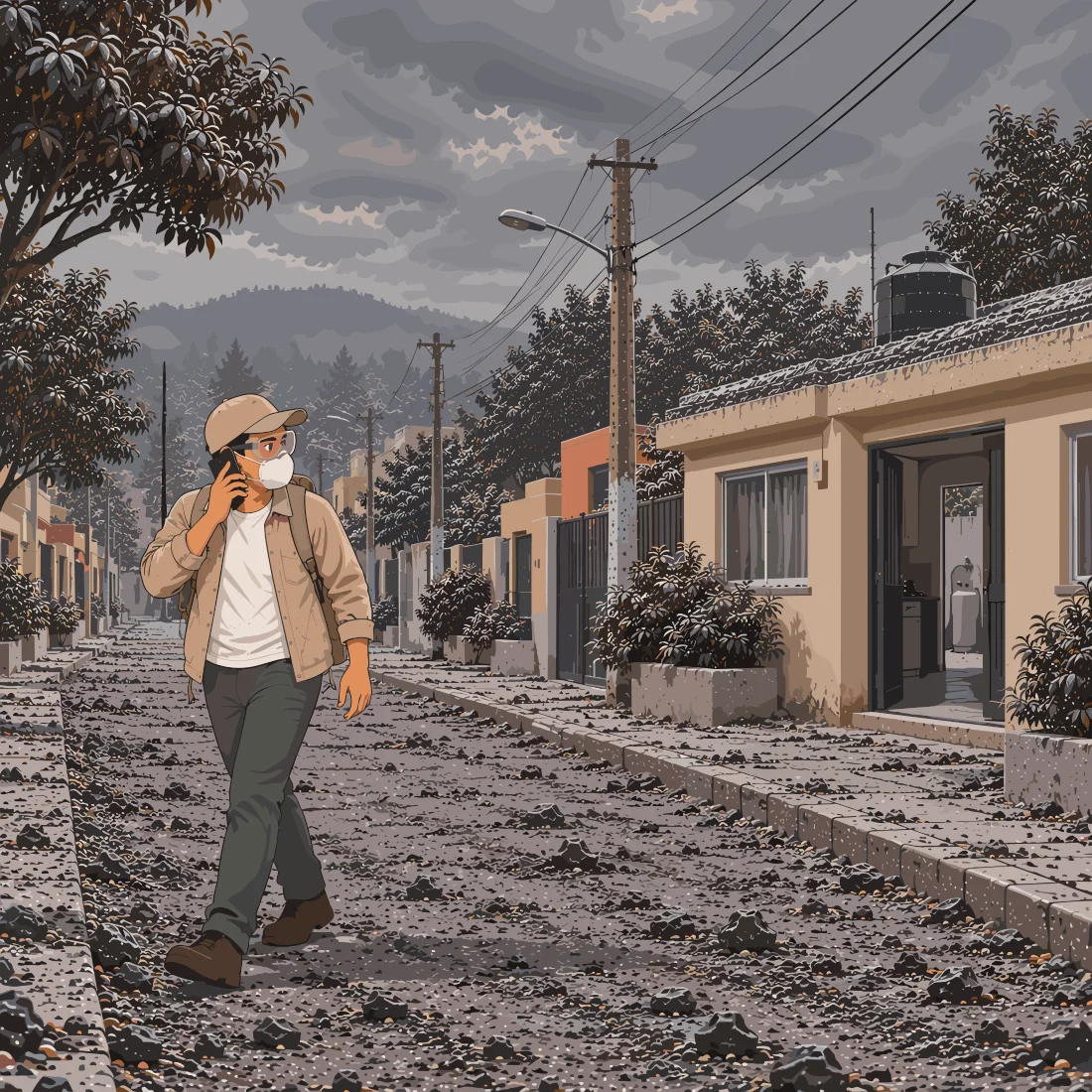 Hombre con mascarilla y gafas de protección hablando por teléfono en la calle lejos de las viviendas.