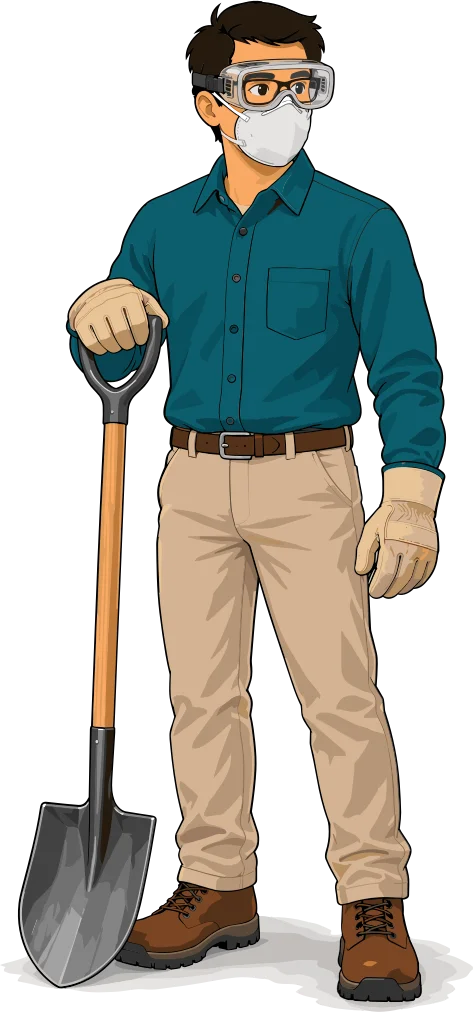 Hombre con mascarilla, gafas de protección, guantes y botas sosteniendo una pala.