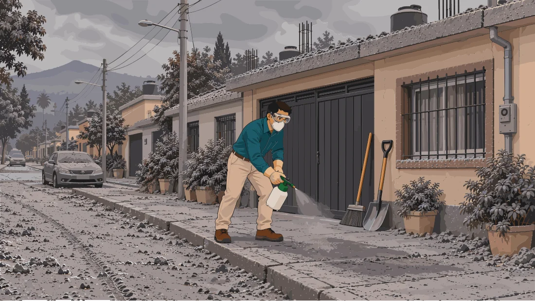 Persona con mascarilla humedeciendo ligeramente la ceniza en la vereda frente a una vivienda.