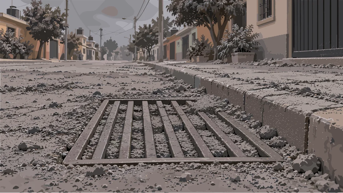 Rejilla de desagüe en una calle cubierta de ceniza volcánica.