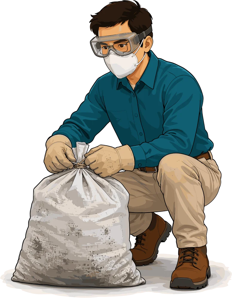 Hombre con mascarilla, gafas y guantes cerrando una bolsa con ceniza recolectada.
