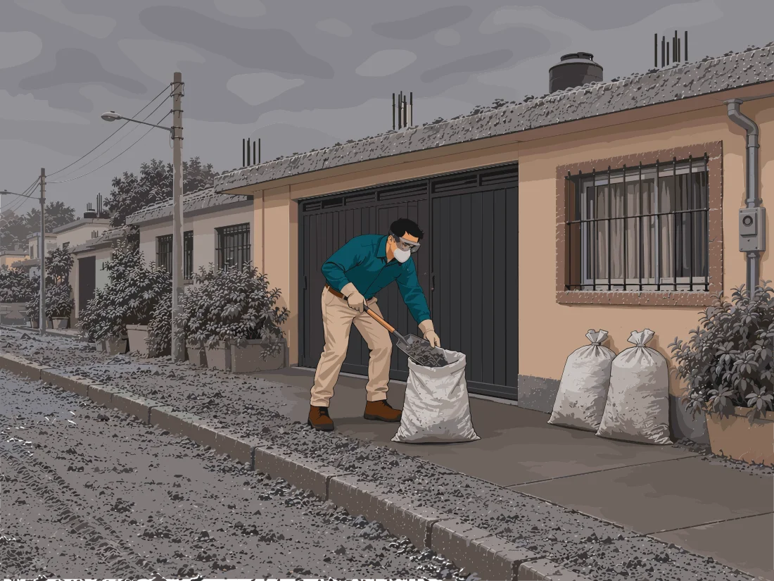Persona con mascarilla paleando ceniza y llenando bolsas frente a una vivienda.