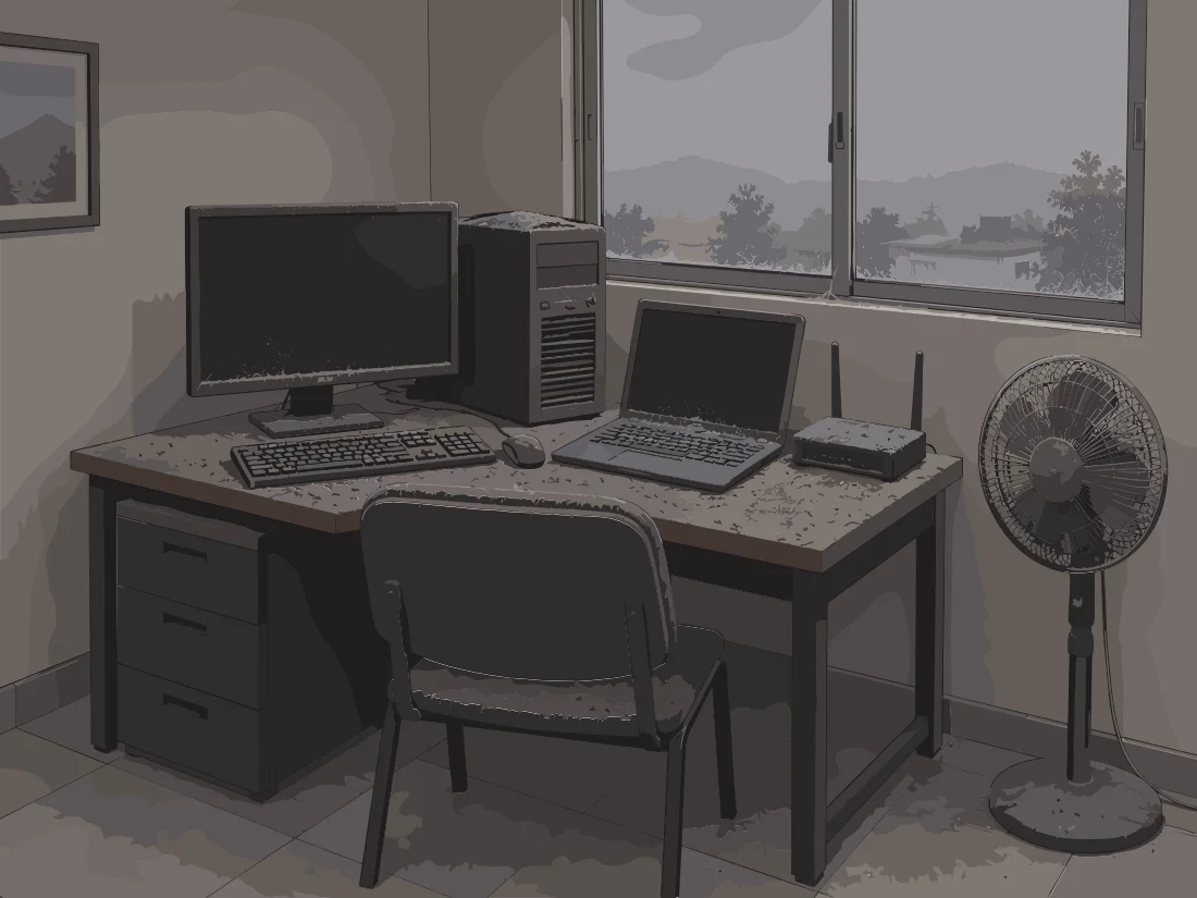 Escritorio con computadoras y ventilador cubiertos de ceniza frente a una ventana.
