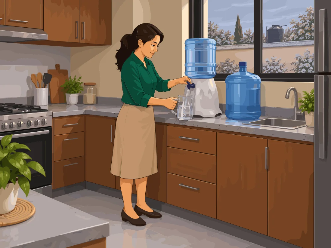Mujer en la cocina sirviendo agua de un dispensador con bidón.