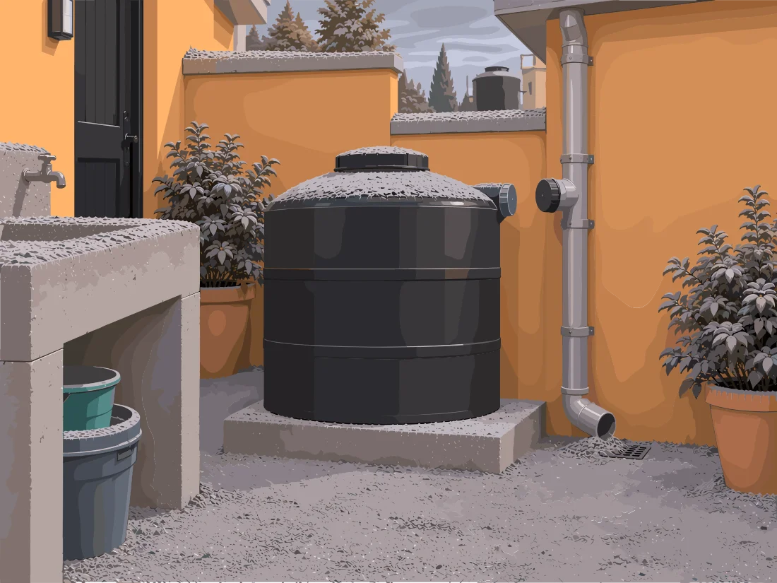 Tanque negro de agua en un patio con ceniza y sistema de captación.