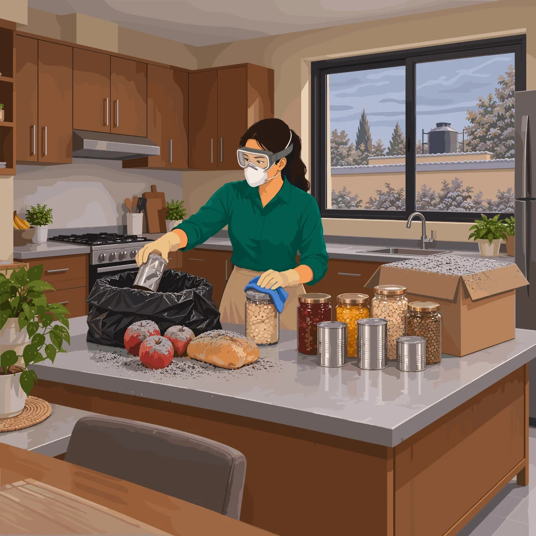 Mujer con mascarilla y gafas desechando alimentos contaminados en la cocina.