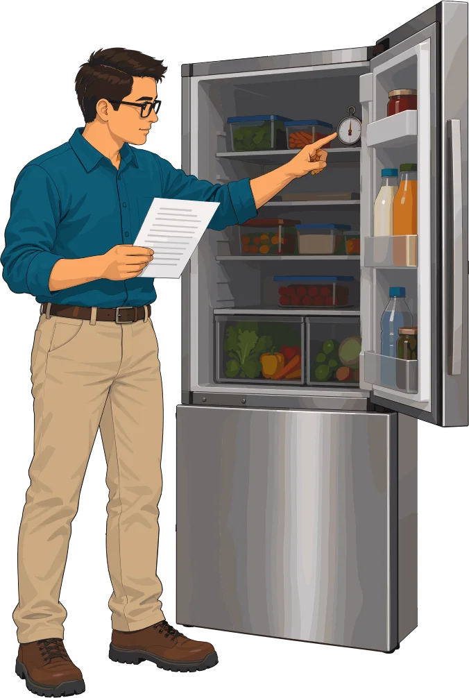 Hombre revisando con una planilla los alimentos dentro de un refrigerador abierto.