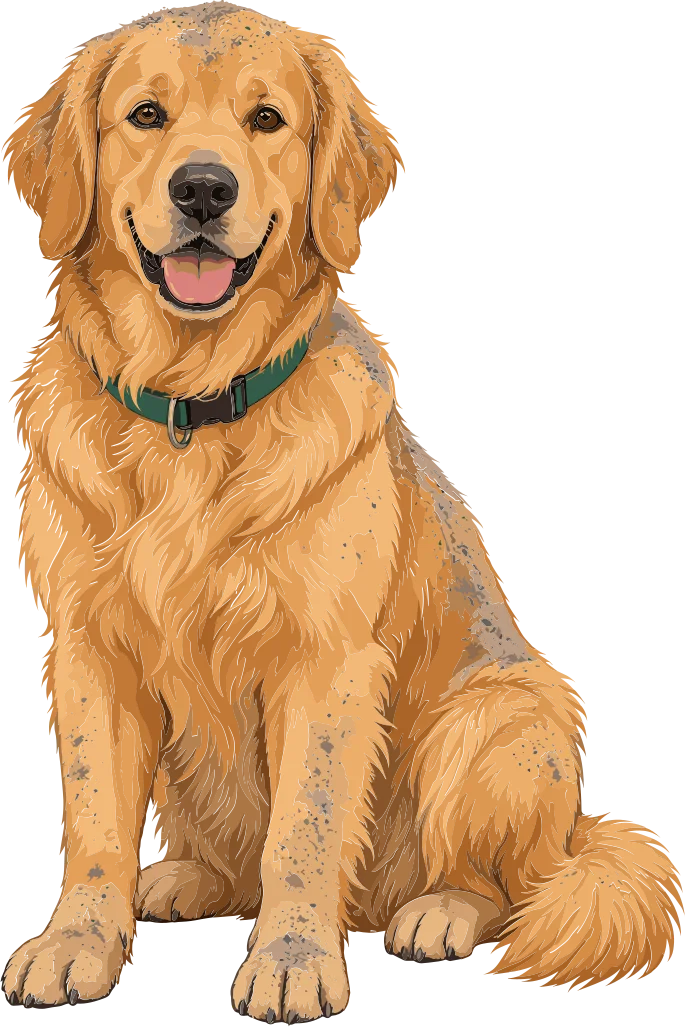 Perro golden retriever sentado con restos de ceniza en el pelaje.