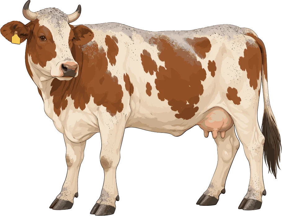 Vaca con manchas marrones y blancas, con restos de ceniza sobre el lomo.