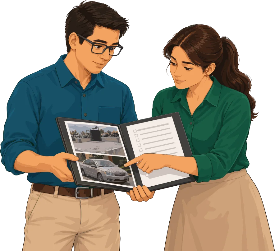 Pareja revisando un álbum con fotografías de daños y documentos.