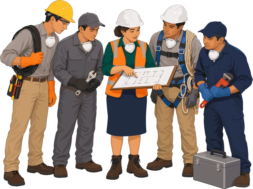Grupo de trabajadores y profesionales con cascos revisando un plano.