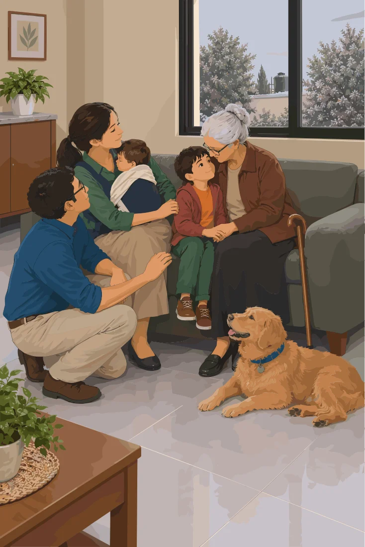 Familia reunida en la sala brindando apoyo emocional a una persona mayor, con un perro golden recostado junto al sofá.