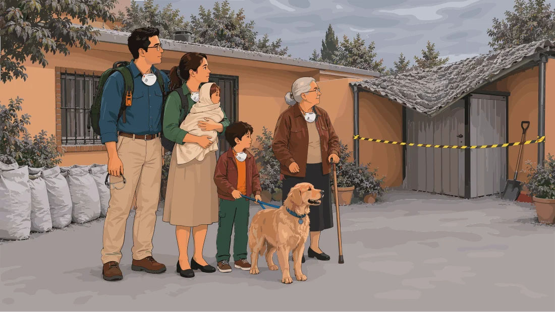 Familia con mayor, niños y perro con mascarillas frente a casa con cobertizo colapsado por ceniza y cinta de peligro.