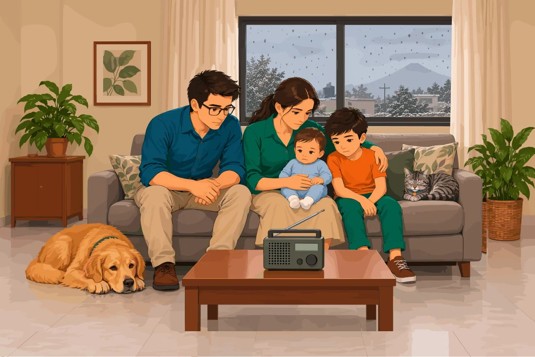 Una familia reunida en el sofá de su sala escuchando una radio portátil sobre la mesa, con ceniza cayendo al otro lado de la ventana y el perro y el gato junto a ellos.