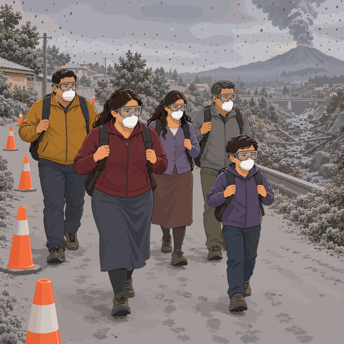 Una familia con mascarillas y mochilas camina por una carretera cubierta de ceniza, entre conos de seguridad, alejándose del volcán.
