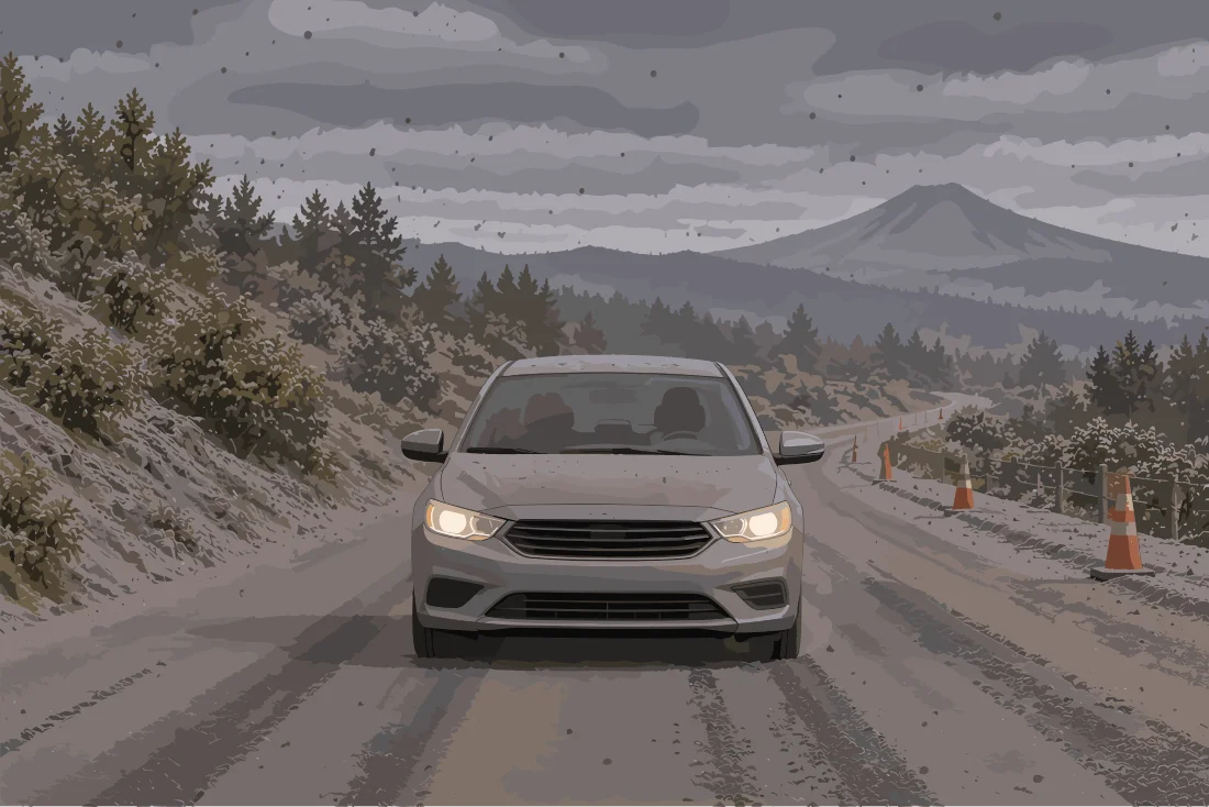 Un automóvil con las luces encendidas avanza lentamente por una carretera de montaña cubierta de ceniza bajo un cielo cargado.