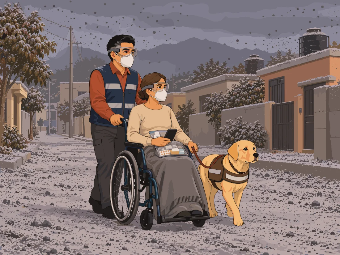 Un hombre con mascarilla empuja la silla de ruedas de una mujer acompañada por un perro de asistencia, evacuando por una calle cubierta de ceniza.
