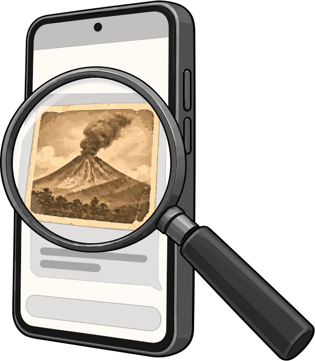 Una lupa sobre la pantalla de un teléfono muestra la imagen de un volcán en erupción, con un símbolo de advertencia, representando la verificación de información.
