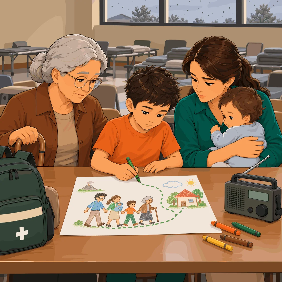 Una abuela, un niño que dibuja con crayones una ruta de evacuación hacia una casa, y una madre con un bebé, reunidos en una mesa de un albergue junto a una mochila de emergencia y una radio.
