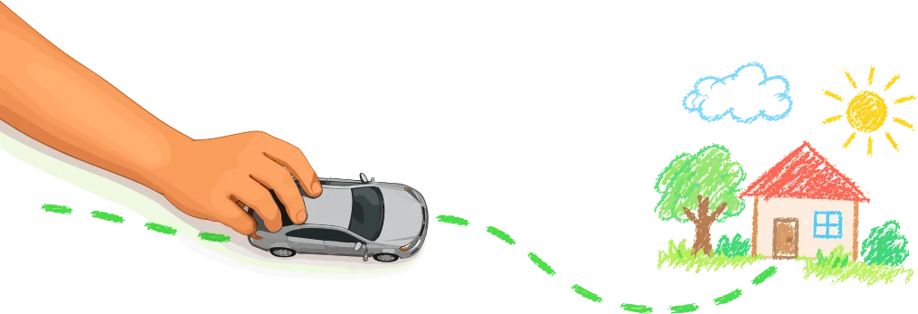 Ilustración tipo dibujo infantil: una mano guía un pequeño auto de juguete por un camino punteado verde que lleva a una casa con sol, nubes y un árbol.