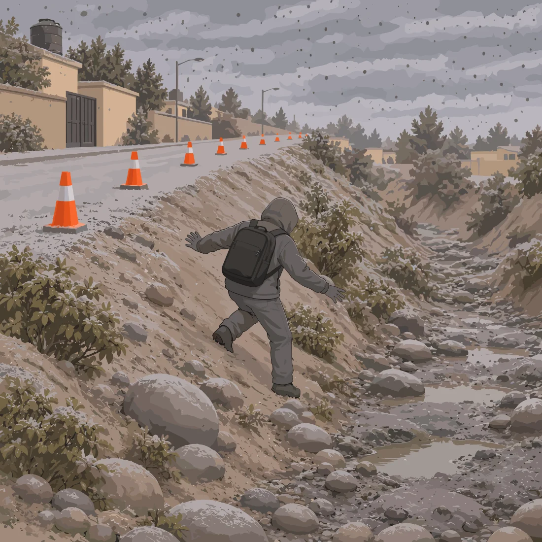 Una persona con mochila desciende con dificultad por un barranco rocoso cubierto de ceniza, junto a conos de advertencia.