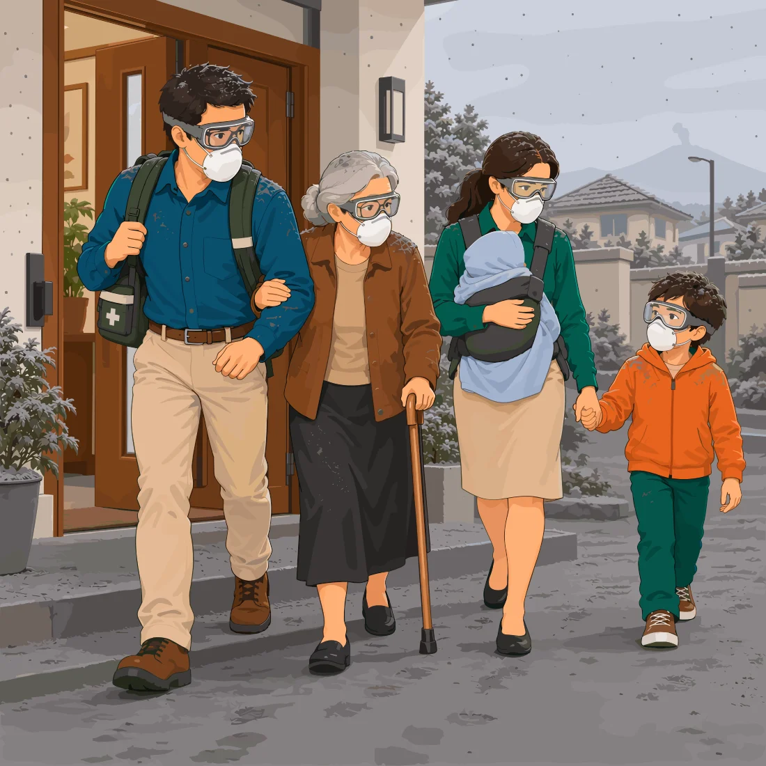 Una familia con mascarillas —padre con mochila, madre con bebé, abuela con bastón y un niño— sale de la casa para evacuar bajo la ceniza.